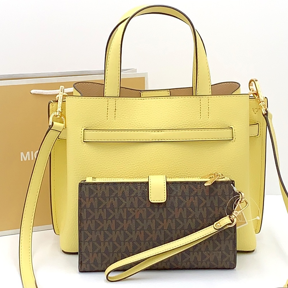 MICHAEL KORS EMILIA SMALL SATCHEL & LARGE DOUBLE ZIP WRISTLET BUTTERCUP - Picture 3 of 16